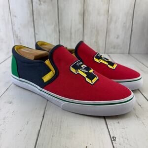 Polo Ralph Lauren Red Multi Landyn Slip On Logo Patch Canvas Shoes Boys' Size 6